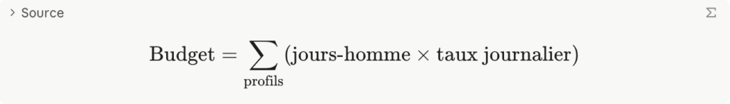 \text{Budget} = \sum_{\text{profils}} (\text{jours-homme} \times \text{taux journalier})